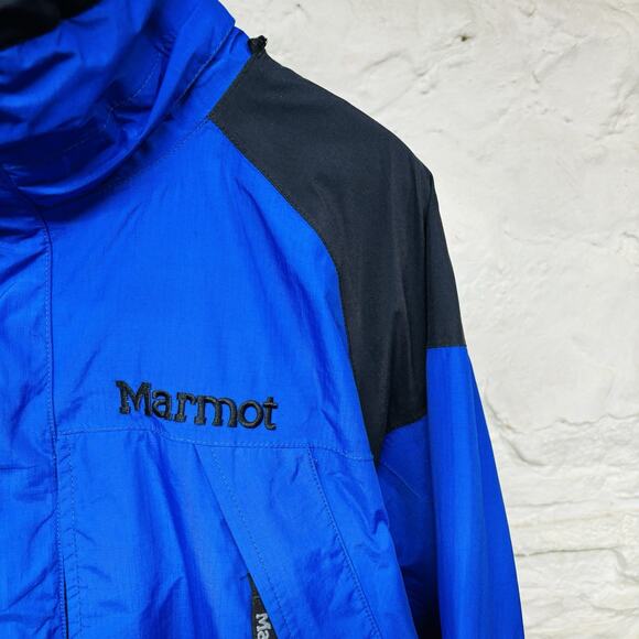 Marmot 2-Ply Gore Tex Performance Shell Jacket Blue Men’s Medium Face Mask Hood - Picture 2 of 16